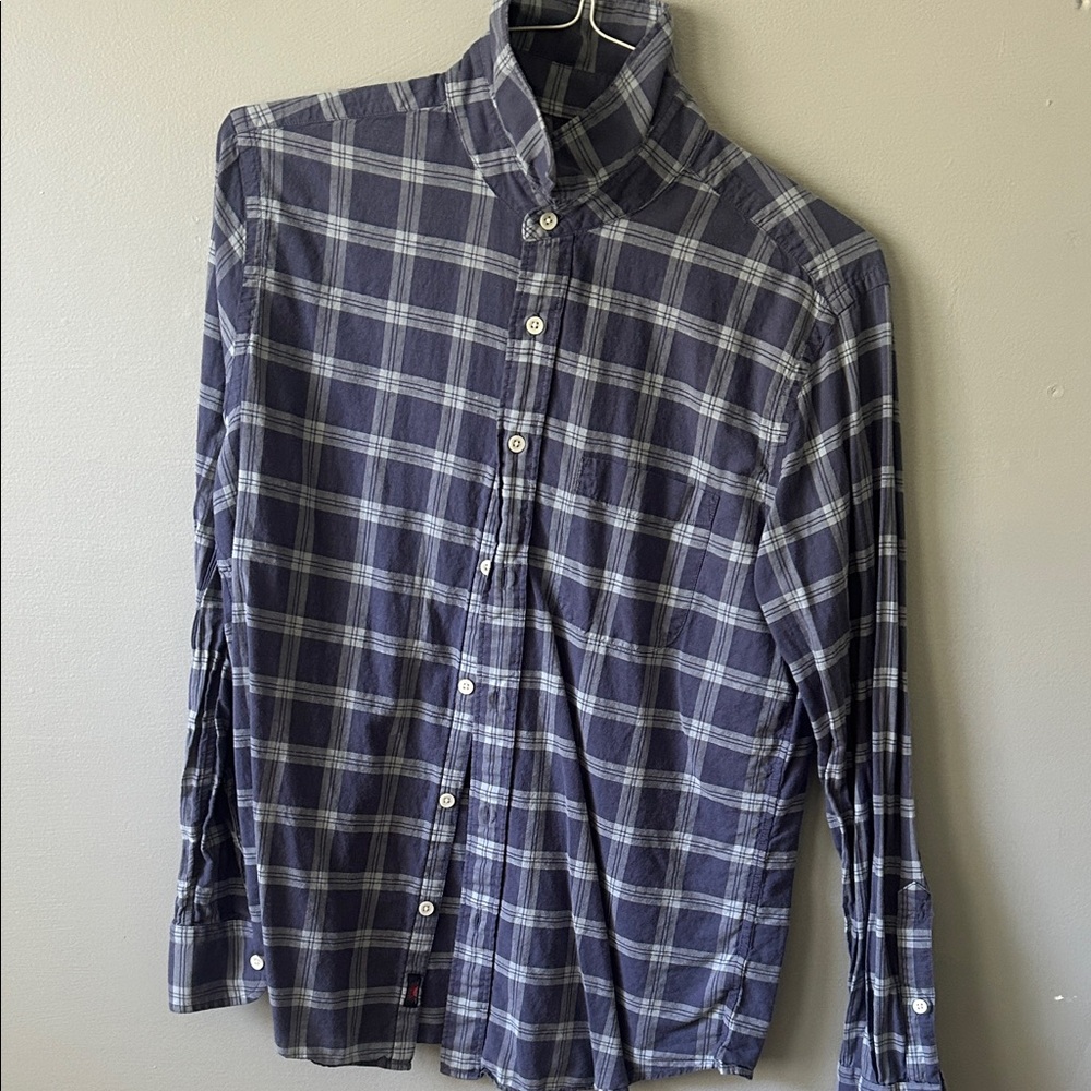 Faherty Navy and White Plaid Button Down Shirt